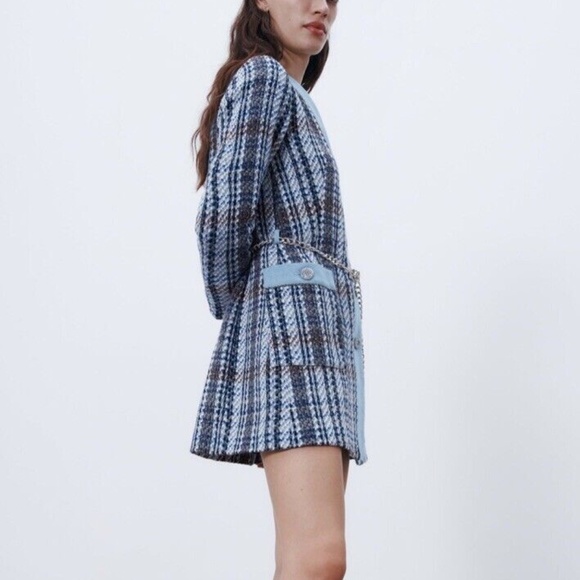 Zara Blue Tweed Mini Dress Belted - Picture 3 of 4